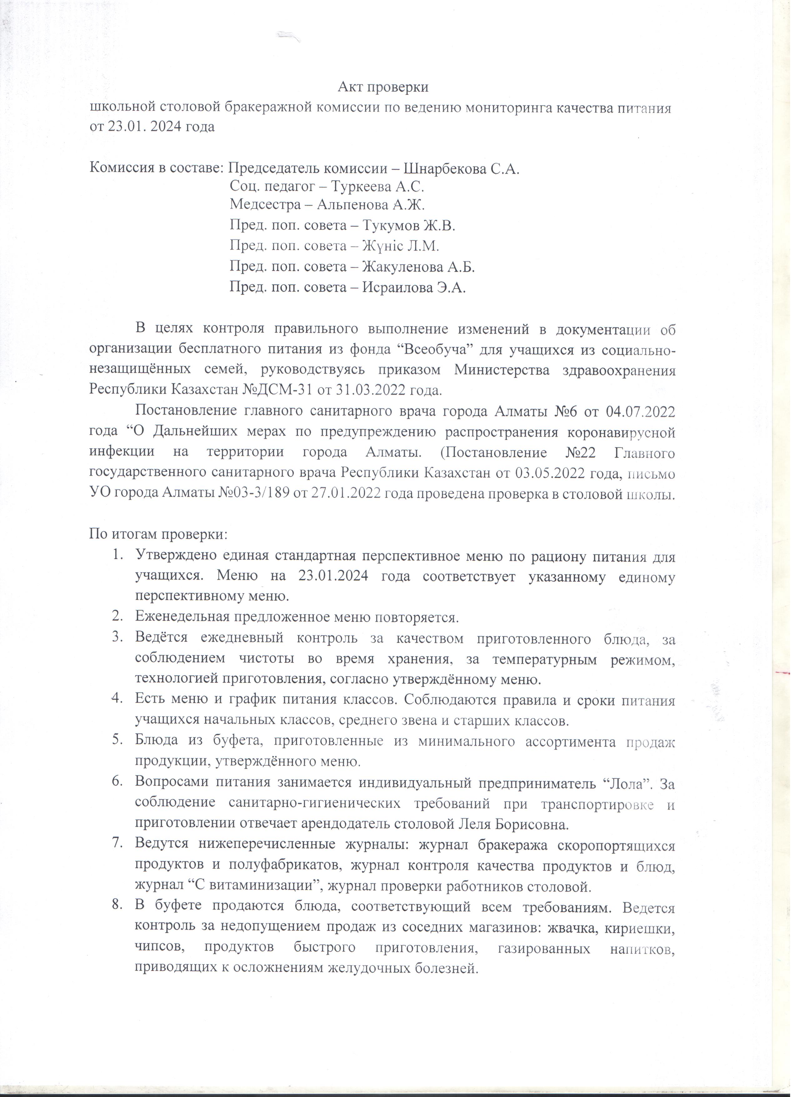 АКТ проверки бракеражной комиссии на 23.01.2024 год